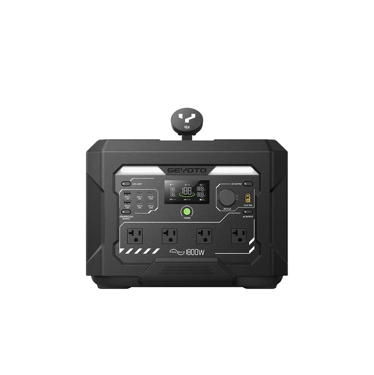 Front view of a GEYOTO power station with AC outlets, a display, and a phone charging stand on a white background.