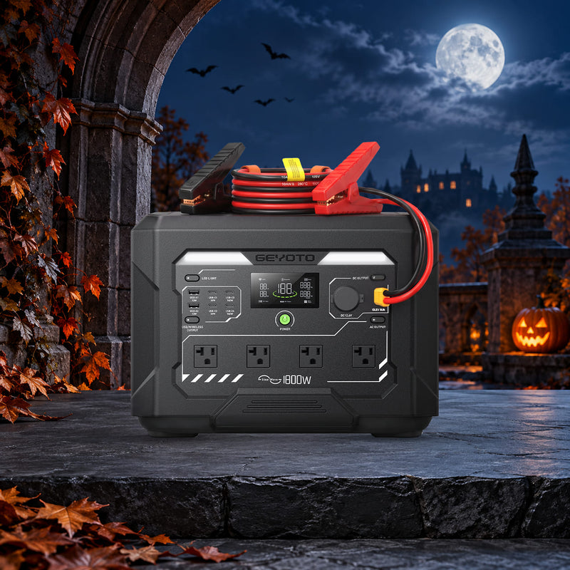 GEYOTO power station with red and black jumper cables in a moonlit Halloween scene.
