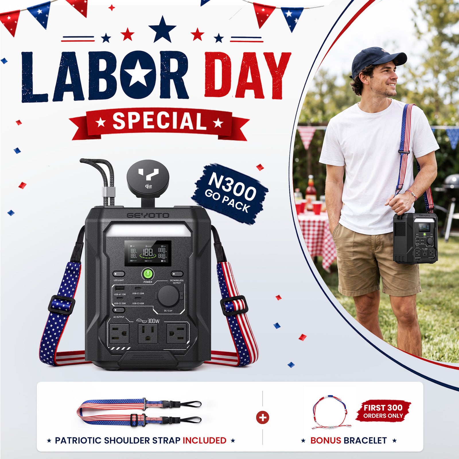 GEYOTO N300 portable power station with a red, white, and blue shoulder strap
