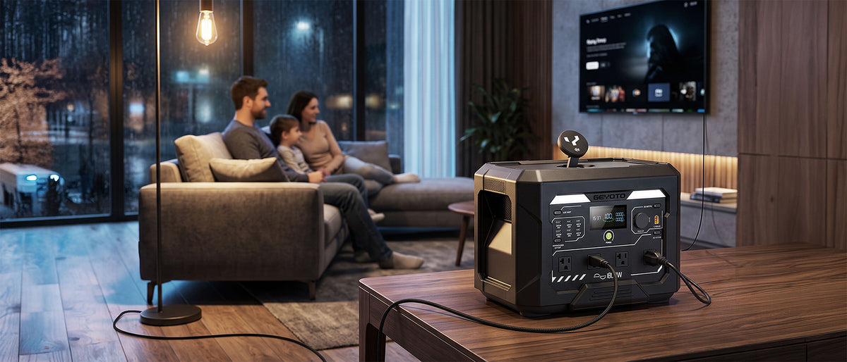 GEYOTO portable power station running a floor lamp during a nighttime outage