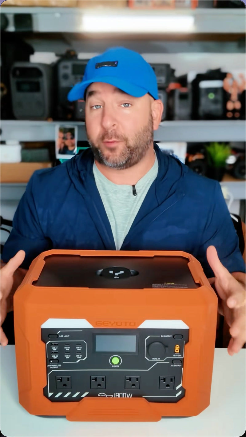 Reviewer presenting an orange GEYOTO power station on a table in a room with equipment shelves.