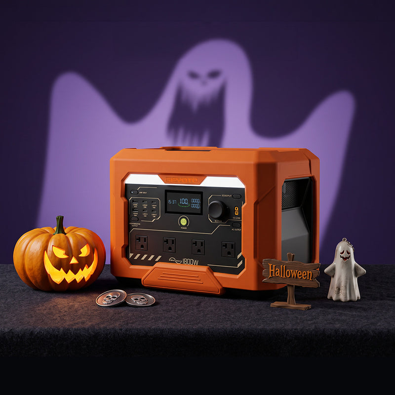 Orange GEYOTO power station with jack-o'-lanterns and ghost decorations against a purple background.