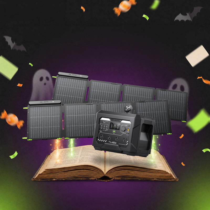 GEYOTO power station and unfolded solar panels above an open book with Halloween decorations.