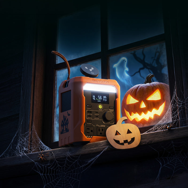 An orange GEYOTO power station beside glowing jack-o'-lanterns on a Halloween-themed windowsill.