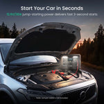 A car jump starter device shown in a real outdoor setting with a car hood open at sunset, with marketing text at the top and a note that the jumper cable is not included.