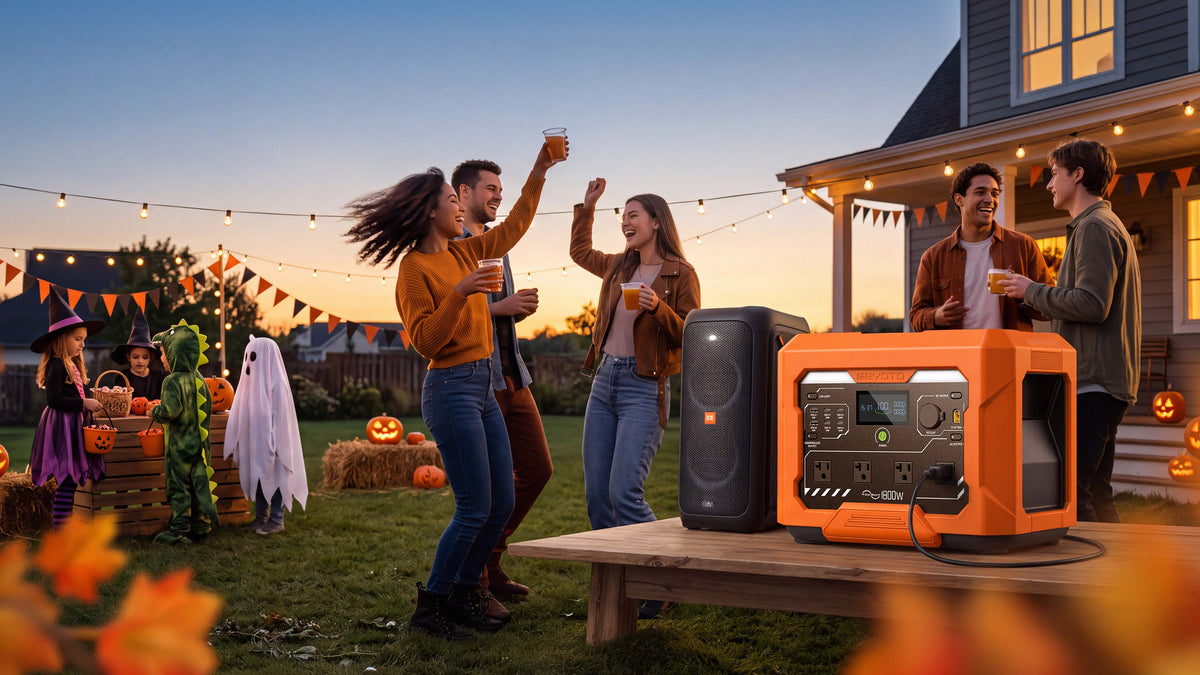 Orange GEYOTO power station beside a speaker at a backyard Halloween party with people and string lights.