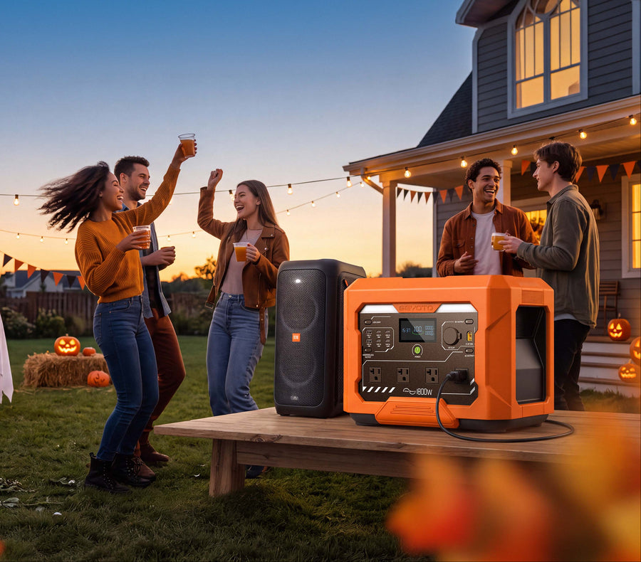 Orange GEYOTO power station beside a speaker at a backyard Halloween party with people and string lights.