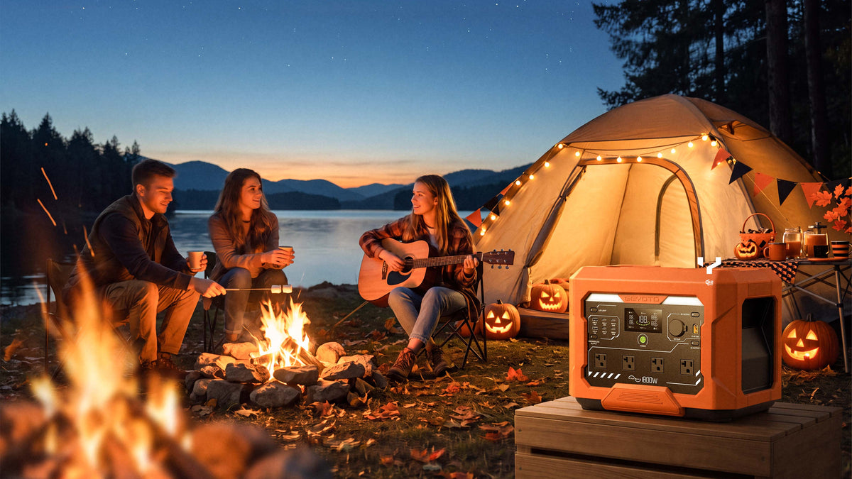 Orange GEYOTO power station beside a tent, jack-o'-lanterns, and people around a campfire at dusk.