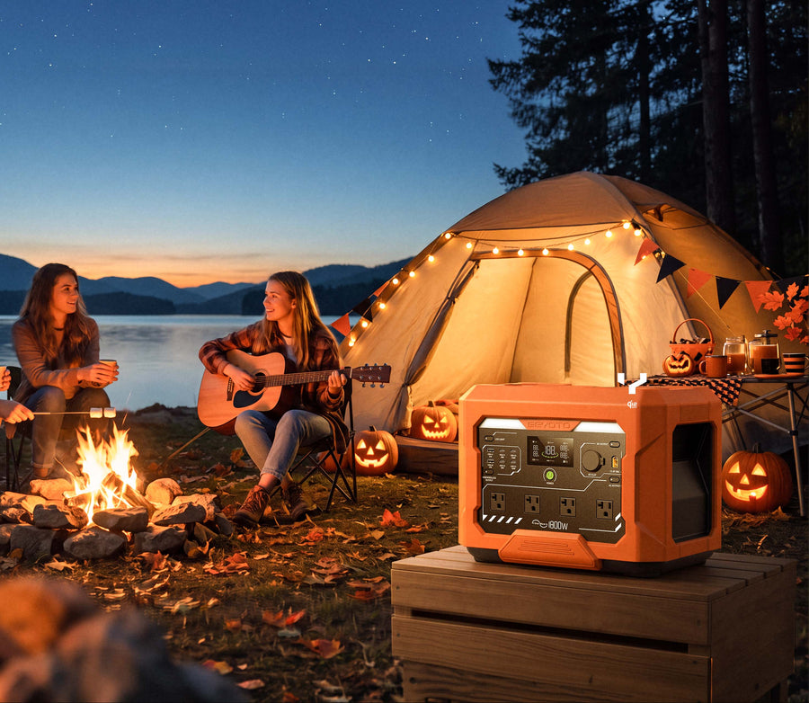 Orange GEYOTO power station beside a tent, jack-o'-lanterns, and people around a campfire at dusk.