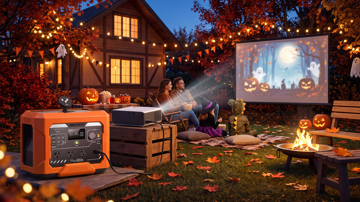 Orange GEYOTO power station beside a projector during a Halloween movie night in a decorated backyard.