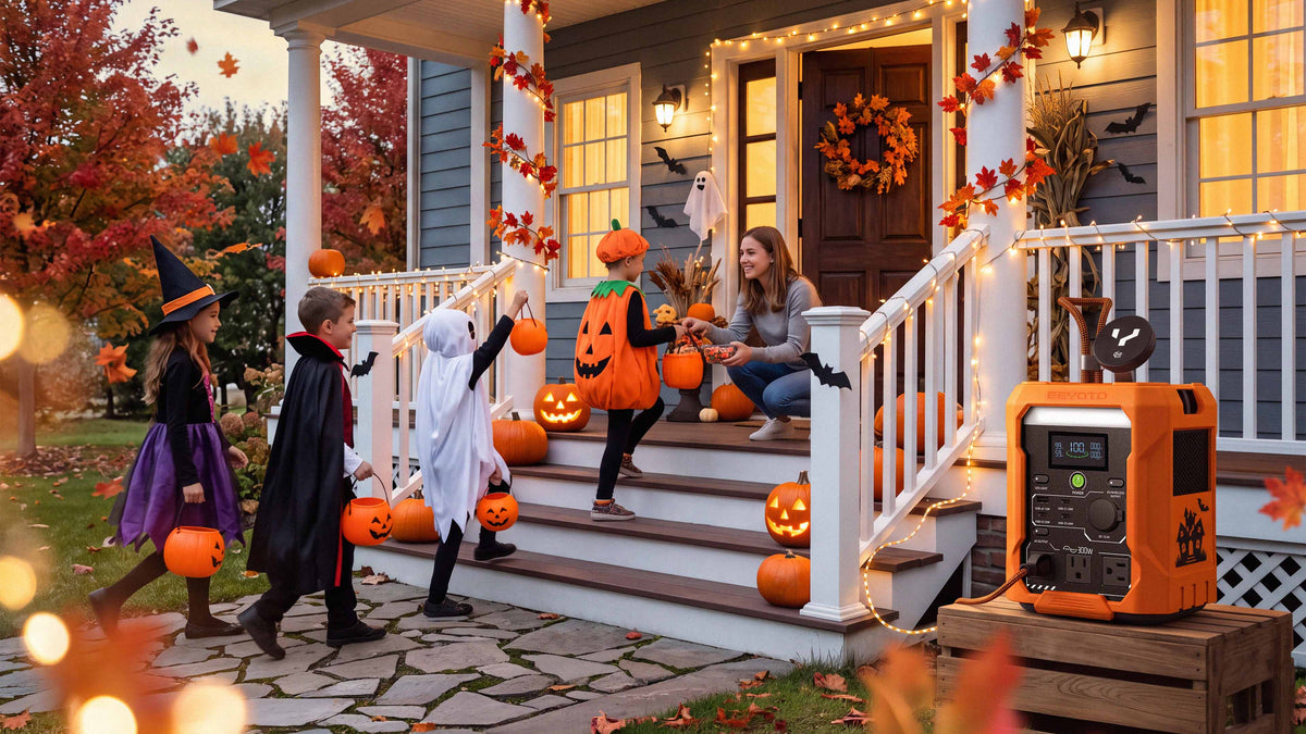 Orange GEYOTO power station beside a decorated porch where children in Halloween costumes collect treats.
