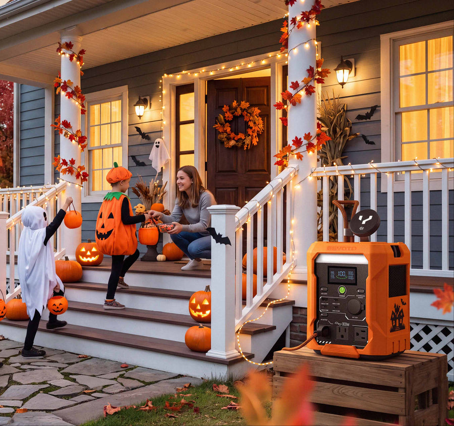 Orange GEYOTO power station beside a decorated porch where children in Halloween costumes collect treats.