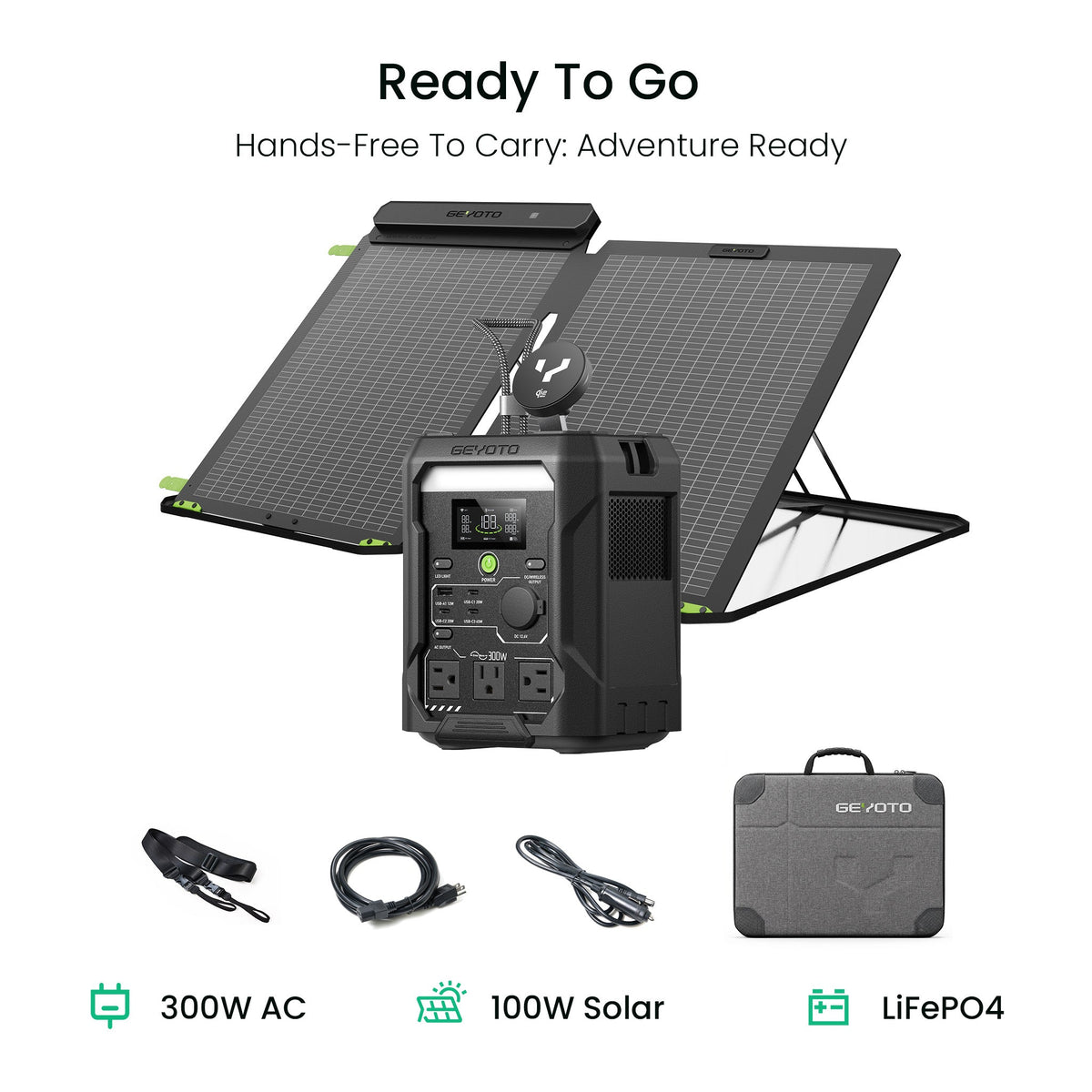 GEYOTO N300 power station and S100 solar panel with charging cables and an EVA case