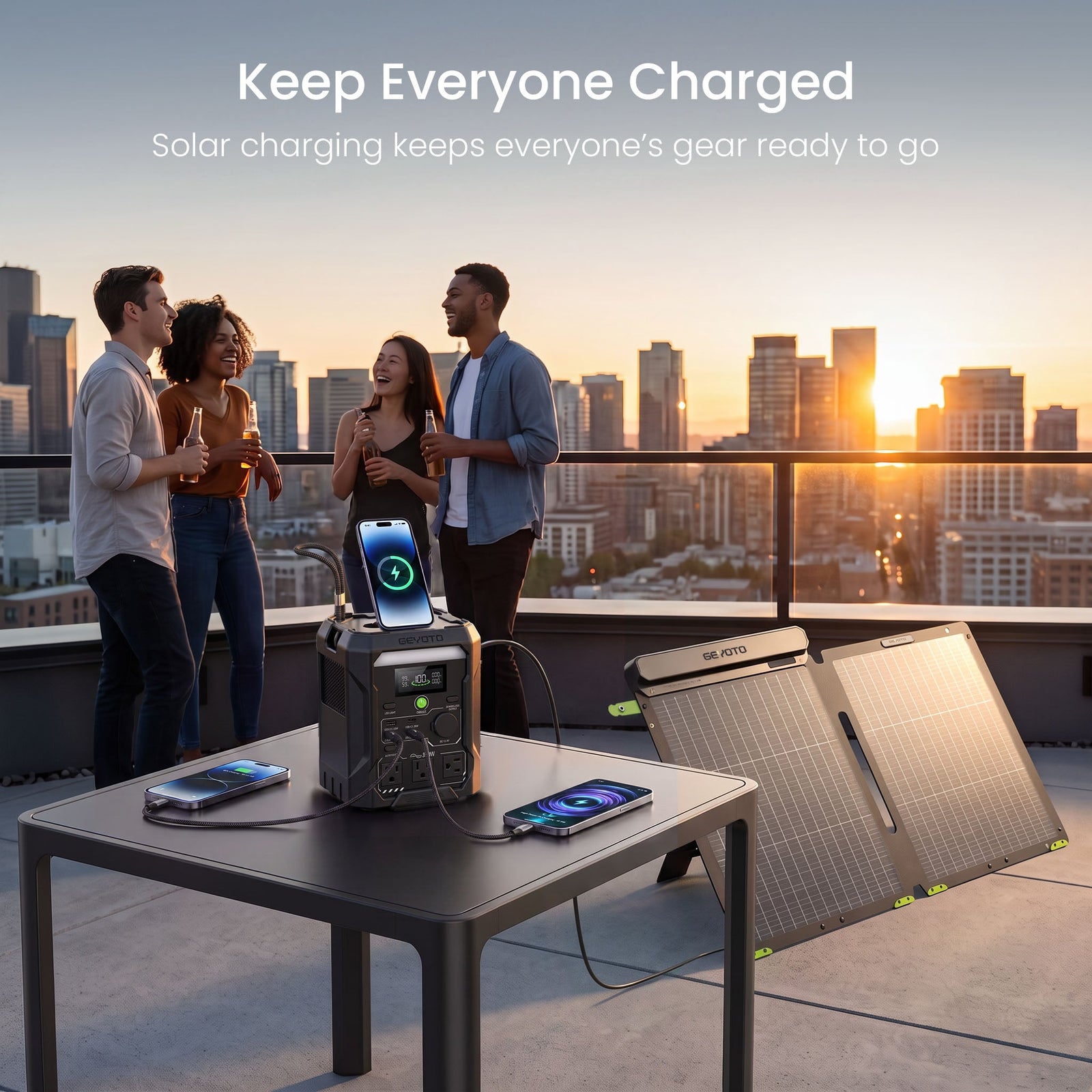 GEYOTO N300 power station and S100 solar panel charging devices at an outdoor gathering