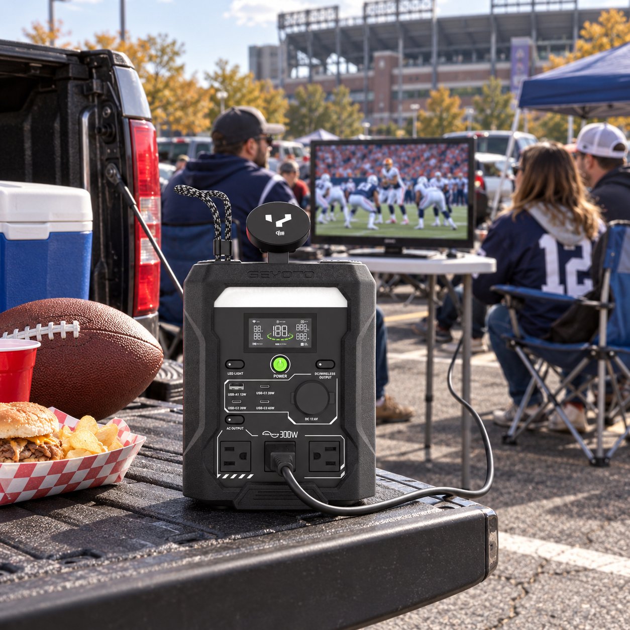 N300 in a tailgating scene with a television and friends
